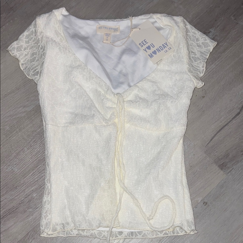 See You Monday Ivory Lace Tie-Front Top
